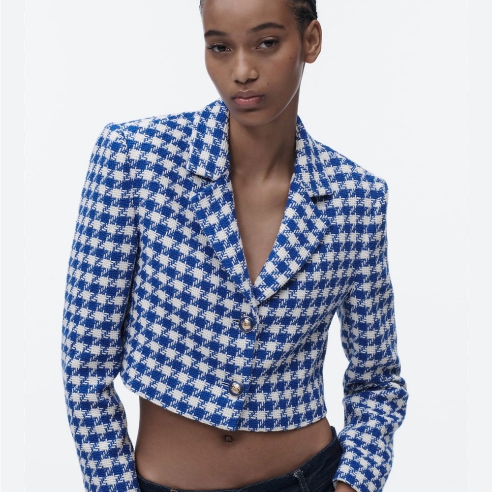Blue and White Women's Cropped Jacket
